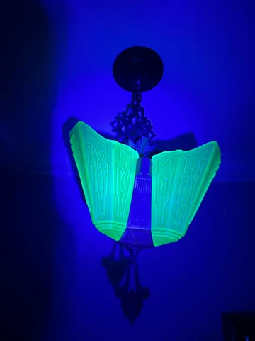 RARE 3 Light Markel Art Deco Original Slip Shade Bronze Chandelier Uranium Glass Cover