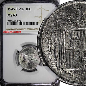 Spain Aluminum 1945 10 Centimos NGC MS63 WWII Issue NICE BU COIN  KM# 766 (079) - Picture 1 of 4