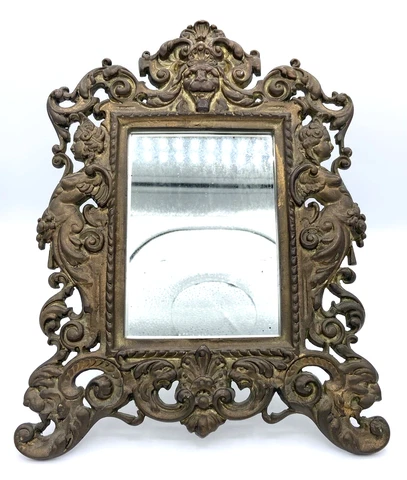 Antique Baroque Rococo Gilt Bronze Vanity Tabletop Mirror Frame Lion Head Angel Cover