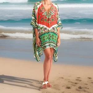 SHAHIDA PRINTED VICOSE SILK KAFTAN DRESS BEACH RESORT CRUISE CHERRY PICKED OS - Picture 1 of 14