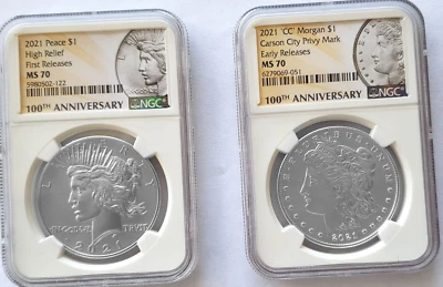 Morgan Dollar 2021CC MS70,AND  Peace Dollar High Relief MS70 - Image 1 of 3