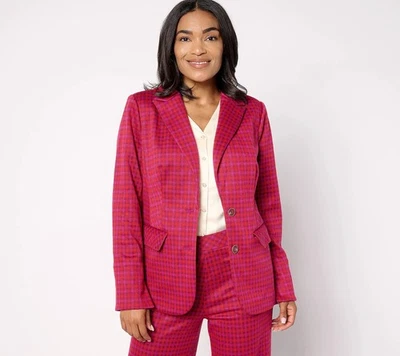 Isaac Mizrahi Live! Estate Yarn Dye Plaid Two Button Blazer Wine XS New - Image 1 of 4