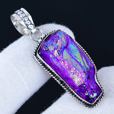 Purple Titanium Quartz 925 Silver Plated Handmade Pendant of 2" - Image 1 of 3
