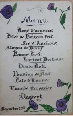 Menú de Navidad pintado a mano de la Primera Guerra Mundial por oficial británico de EEF en Egipto con fecha de 1916. ÚNICO Foto 1 de 2