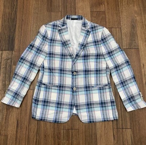 $295 TALLIA Mens Blazer Sport Coat Two Button Jacket 44R LINEN Blue/Navy Plaid - Picture 1 of 5