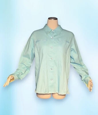 QUACKER FACTORY Button Up Jacket AQUA Green Rhinestones Zip Pockets Women's MED - Image 1 of 4