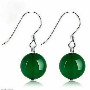 Natural 10mm Green Jade Round Gemstone 925 Silver Hook Dangle Earrings - Picture 1 of 12