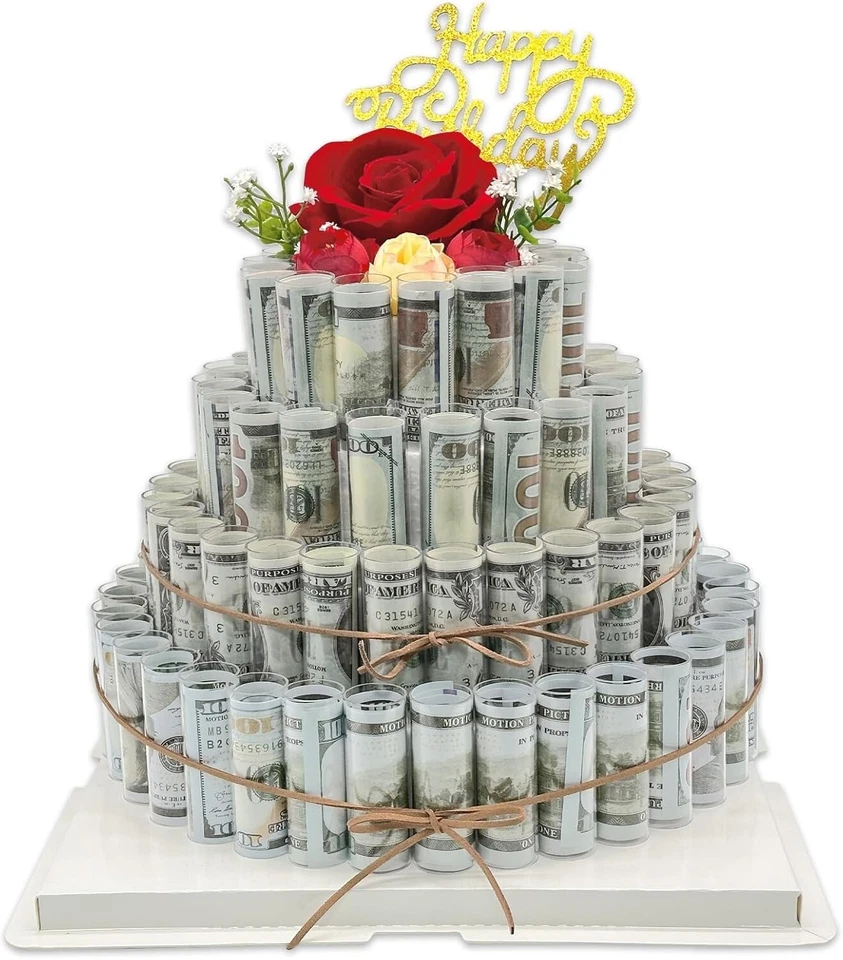 Premium Money Flower Cake GiftBox with Artificial Roses - 4 Tier Celebration - Image 1 of 4