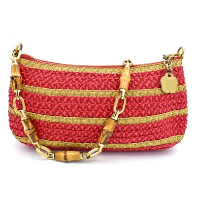 Bolso Squishee Eric Javits New York Rojo/Dorado Metálico Rayas con Correa de Bambú Foto 1 de 4