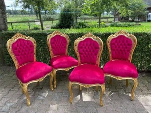 Dining Chairs French Louis XVI Set of 4 Gold Beech Red Fuchsia Velvet Seats - Picture 1 of 8