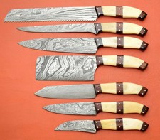 Set 7 coltelli da cucina Chef Damasco fatti a mano con manico in osso e...