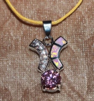 inlaid fire opal fashion topaz necklace pendant silver plated jewelry cocktail - Image 1 of 4