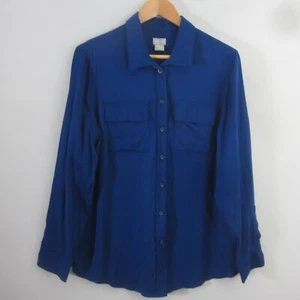 NEW Chicos 2 Womens L Seafaring Blue LS Modal Satin Blouse Shirt Pockets NWT - Picture 1 of 8