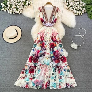 Floral Print Pleated Elegant Sleeveless Dress A-line High Waist V Neck - Picture 1 of 9