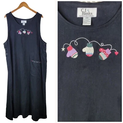 Vestido Mono Vintage Años 90 Talla Grande 18W Modesto Largo Bordado Mitones Negro Foto 1 de 4