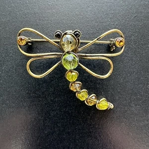 Dragonfly Brooch Yellow Green Amber Rhinestones Approx. 1.5" Long 2" Wide - Picture 1 of 7