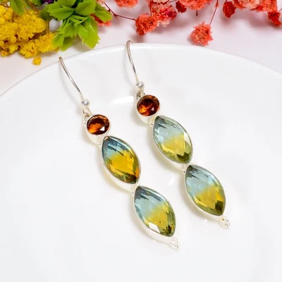 Pendientes de plata de ley 925 con piedras preciosas granate de cuarzo turmalina bio 2,7" r097 Foto 1 de 4