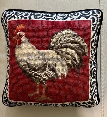 Almohada primitiva Needlepoint Rooster Country cuadrada espalda terciopelo negro Foto 1 de 4