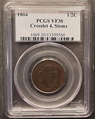 *AWESOME* 1804 1/2 CENT PCGS VF/30 "CROSSLET 4, STEMS" - Image 1 of 2