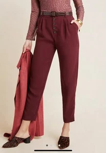 Anthropologie Sasha Button-fly Tapered Trousers Pants Burgundy Wine Size 12 New! - Picture 1 of 15