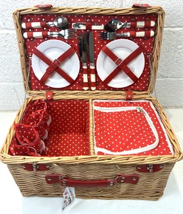 Red & White, Polka Dot, Picnic Basket, With Picnicware - Picture 1 of 12