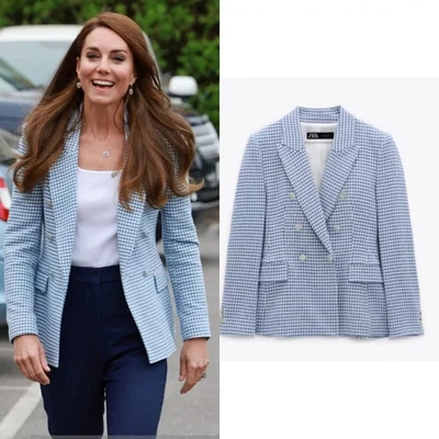 CHAQUETA BLAZER ZARA AZUL BLANCO PATA DE GALLO CUADROS GINGHAM XS UK 6 - 8 ASO Royal Foto 1 de 4