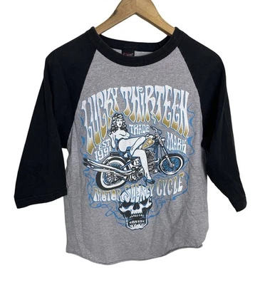 Camiseta De Colección LUCKY 13 Para Hombre Rock Motocicleta Calavera Tatuaje Manga 3/4 Talla M Foto 1 de 4