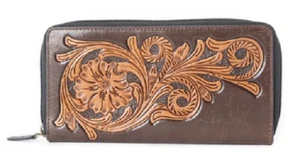 Bolso Myra #5874 Cartera de cuero mecanizado a mano de 8"x4" ~ Muchas ranuras para tarjetas ~ Pkt con cremallera interior ~ - Imagen 1 de 3
