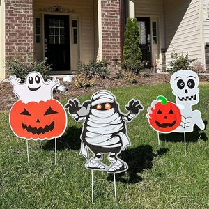 3Pcs Halloween Yard Sign Pumpkin Ghost Monster Props with Stakes Outdoor Decor - Picture 1 of 7