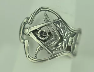 Solid 925 Sterling Silver Freemason Masonic Adjustable Spoon Ring - Picture 1 of 9
