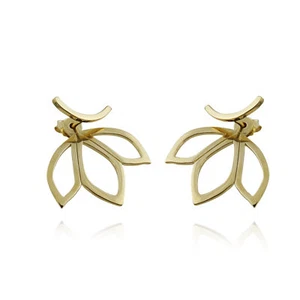Lotus Petal Ear Jacket Earrings - Gold Plated 925 Sterling Silver - Posts Flower - Picture 1 of 4