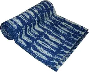 Indian King Size Hand Block Blue Indigo Kantha Quilt Blanket Cotton Bedspread - Picture 1 of 4