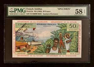 NQC French Antilles Pick# 9s ND (1964) $50 Francs (SPECIMEN) Choice AU 58 EPQ - Picture 1 of 2