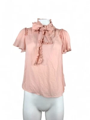 Kate Spade блузка верхняя рубашка с коротким рукавом 100% шелк бант оборки розовый офис XS - Изображение 1 из 4