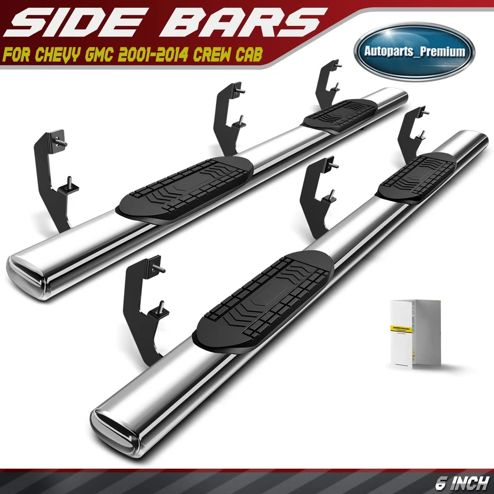 Barras de peldaños laterales rectas ovaladas cromadas S/S 304 de 6" para Chevy GMC 2001-2014 doble cabina Foto 1 de 4