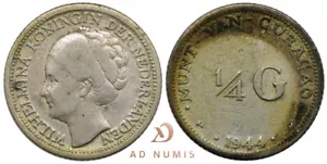 Antilles néerlandaises 1/4 Gulden 1944 Curaçao argent Wilhelmina pièce monnaie - Imagen 1 de 1