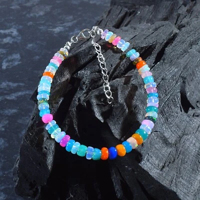 Natürlich Mehrfarbige Disco Opal 4-5mm Perlen Kette 925 Silber Handarbeit Band - Bild 1 von 4