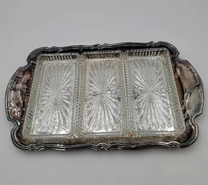 Vintage 1987 Oneida Silverplate Chippendale Relish Tray w/3 Glass Liners  14.5"  - Picture 1 of 12