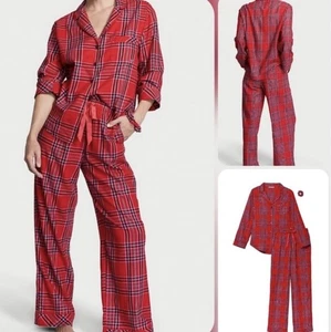Neu mit Etikett Victoria's Secret Pyjama-Set Flanell Pyjama rot kariert mit Haargummi Größe XXL - Bild 1 von 7