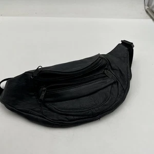 Vintage Black Leather Fanny Pack Waist Belt Bag Made in Mexico - Picture 1 of 9