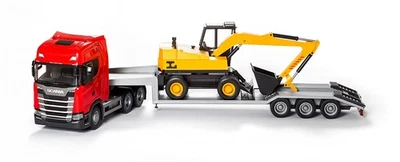EMEK, SCANIA S 6x4 rosso con portamacchine a 3 assi e escavatore LANNEN, 1/25... - Immagine 1 di 2