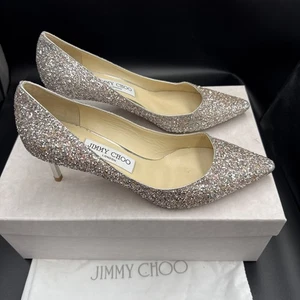 Jimmy Choo Romy 60 Pink Silver Coarse Glitter Mid Heels Shoes Size Uk 5 Eu 38 - Picture 1 of 12
