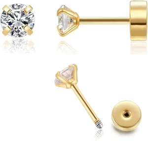 Flat Screw Back CZ Stud Earrings,Small Cubic Zirconia 4mm CZ, Gold - Picture 1 of 7