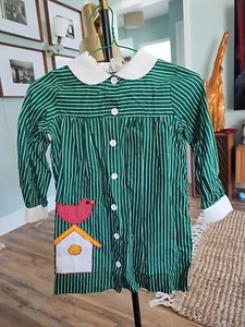 Youngland Girls 6x Light Green Striped Cotton Dress with Birdhouse Applique  - Picture 1 of 4