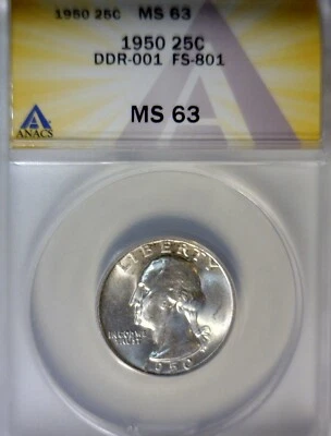 1950 ERROR ANACS MS63 DDR FS #801 Washington Quarter Coin Doubled Die DBL BEAK - Image 1 of 4