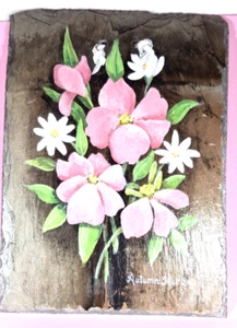 Cuadro de Colección Tole Arte Popular Pintado a Mano Diseño Floral Firmado 8.5" X 6.5" Pizarra - Imagen 1 de 6