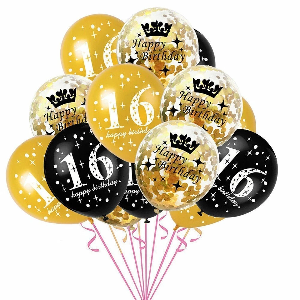 15 x 16th Happy Birthday Printed Age Balloons Black & Gold Party Decorations Uk — 第 1/2 张图片