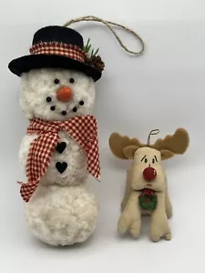 Primitive Handmade Christmas Winter Snowman & Reindeer Ornaments - Picture 1 of 6