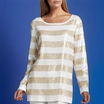 Top tejido a rayas marfil lentejuelas doradas Joan Vass talla 3 pequeño (16 P) nuevo con etiquetas Foto 1 de 4