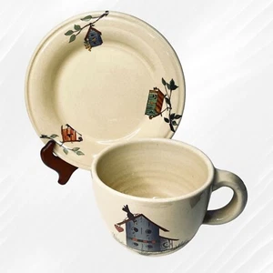 Lotto vintage anni passati di 2 tazze ciotole per zuppa con sottopiatto in ceramica trasformata a mano - Foto 1 di 8